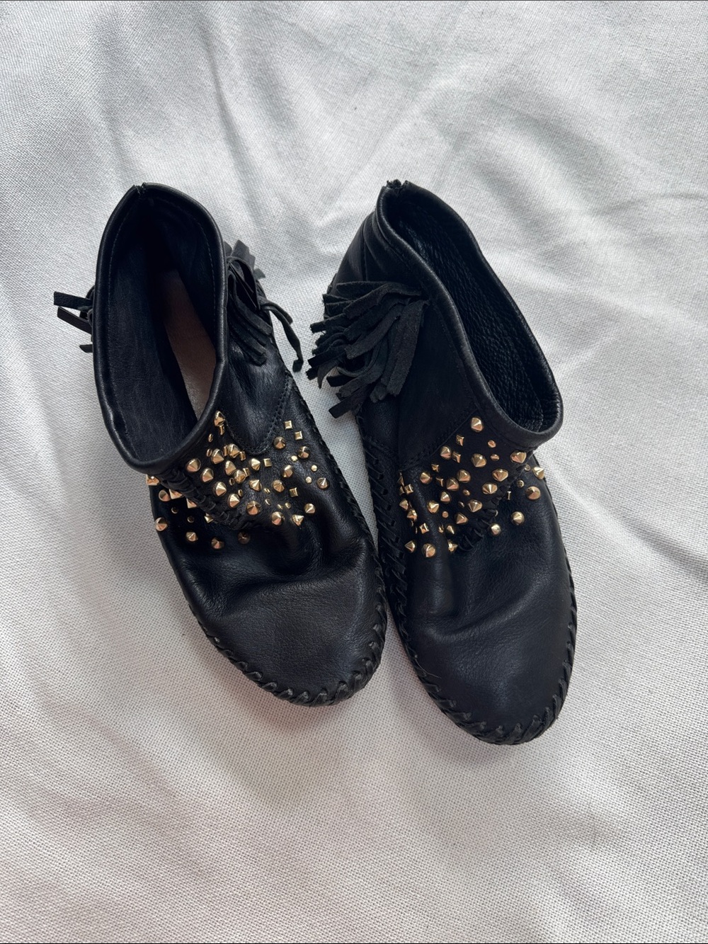 Zara Black Leather Studded Fringe Moccasin Ankle Shoes